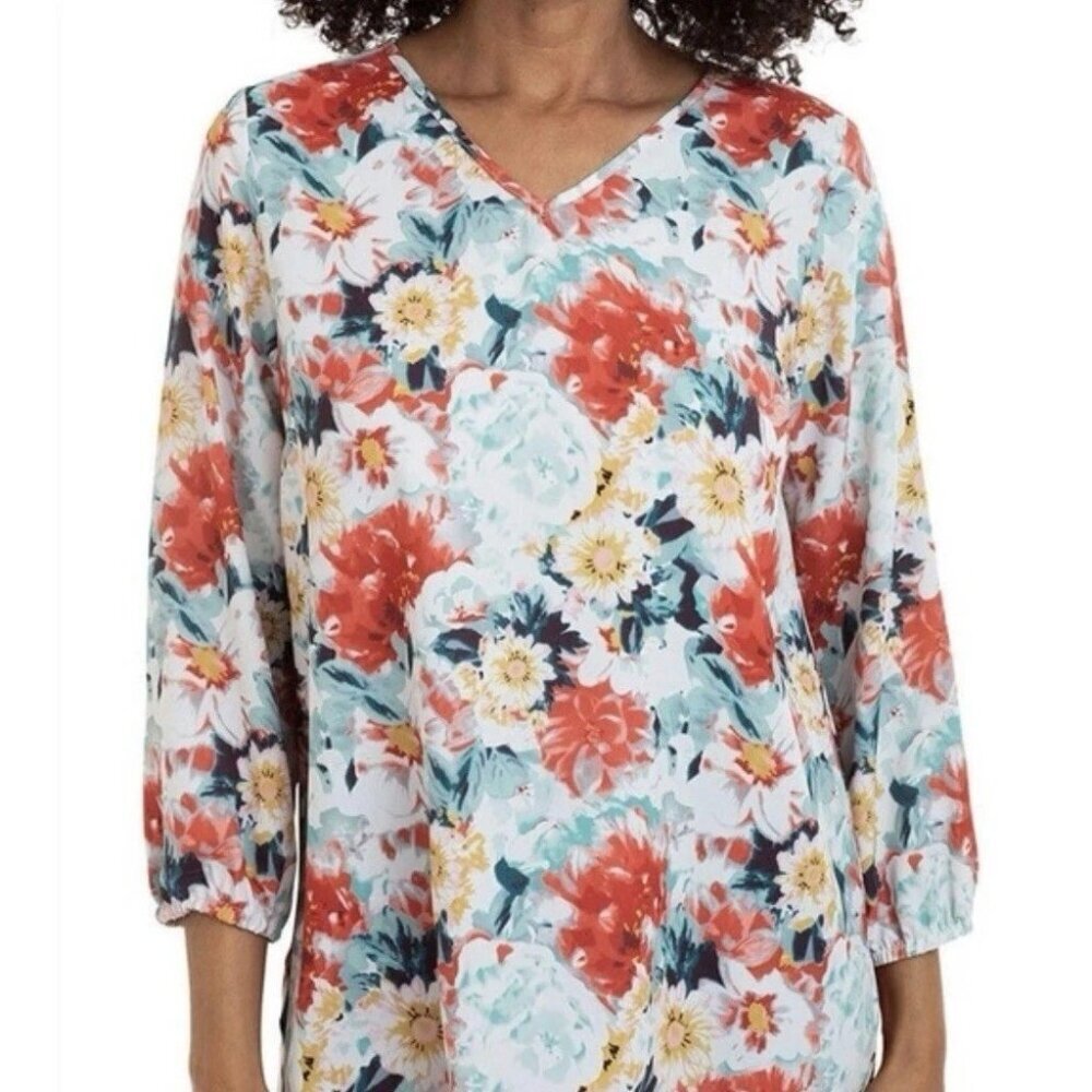 NEW Mario Serrani Italy Women's M V-Neck Top Floral Print 3/4 Sleeve G1526